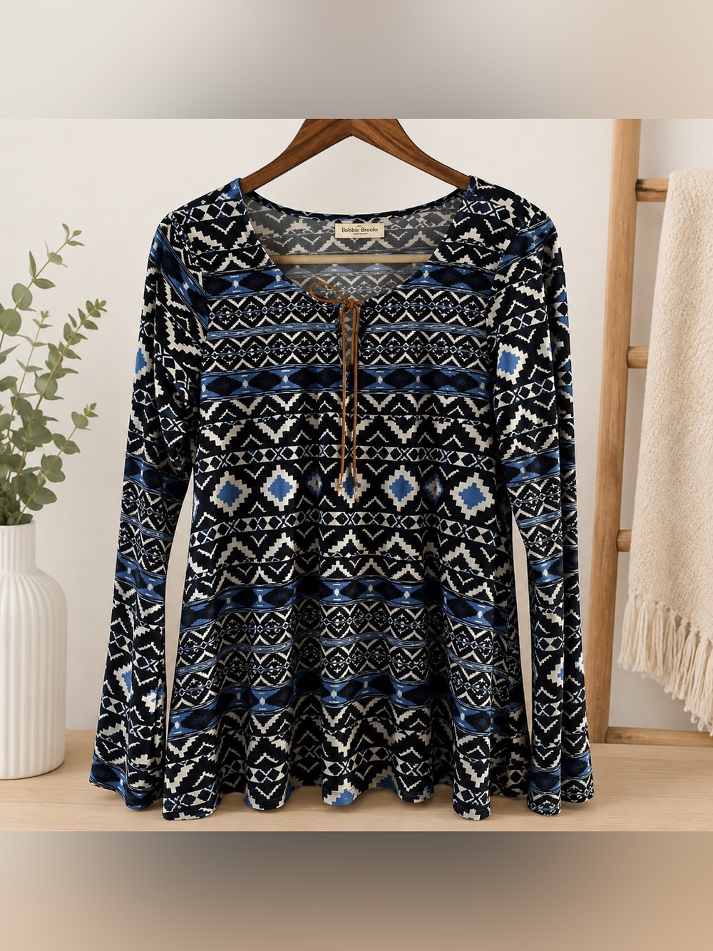 Bobbie Brooks Blue Aztec Print Peplum Top Boho Western Medium Festival Top